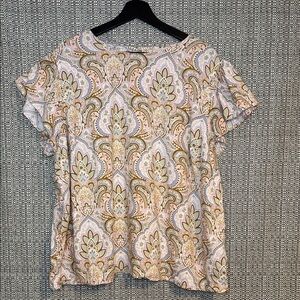 Philosophy Pink and Gold Paisley Blouse Top Flutter Sleeves Boxy Linen Blend